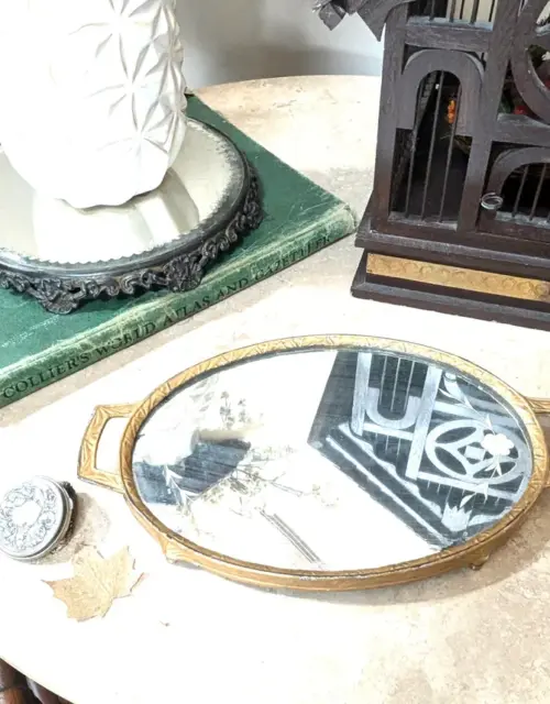 Antique Mirror Vanity Tray Ornate Mirror Victorian Footed Pedestal Gold Bronze Vintage Mirrored Platform Centerpiece Table Bathroom Counter