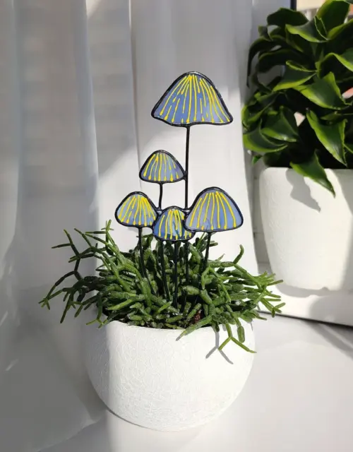 Cottagecore Mushroom Flower Pot Decor. Stained Glass Blue Mushroom Plant Stake. Ideal Mother's Day Gift for Mom Plant Lovers from Son
