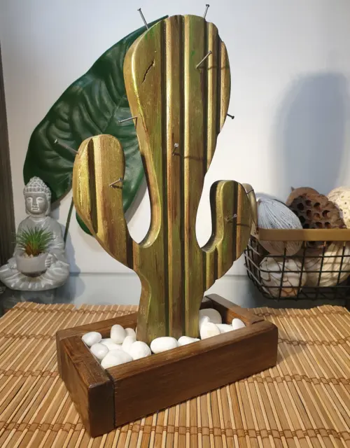 Handmade wooden green cactus