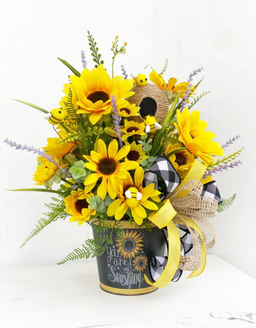 Sunflower Centerpiece Arrangement, Sunflower Porch Decor, Sunflower Floral Decor, Bumble Bee Centerpiece, Farmhouse Sunflower Home Decor